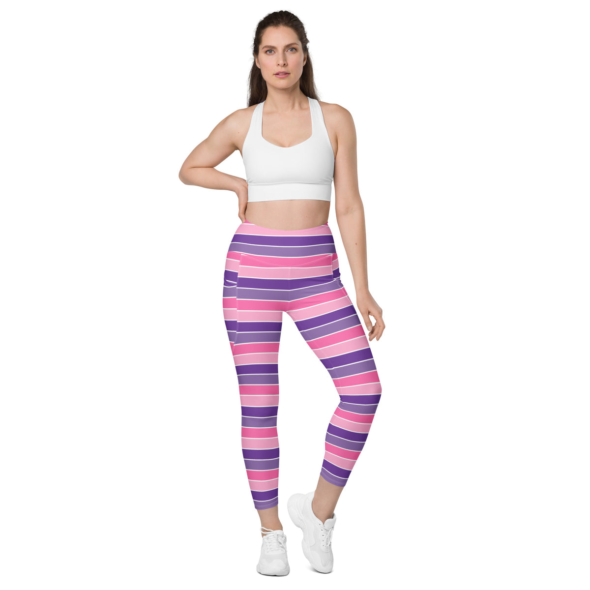 Women’s Pink & Purple Striped Yoga Leggings With Pockets – High-Waisted, Soft Compression Active Pants