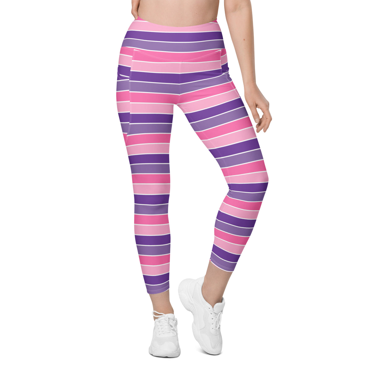 Women’s Pink & Purple Striped Yoga Leggings With Pockets – High-Waisted, Soft Compression Active Pants