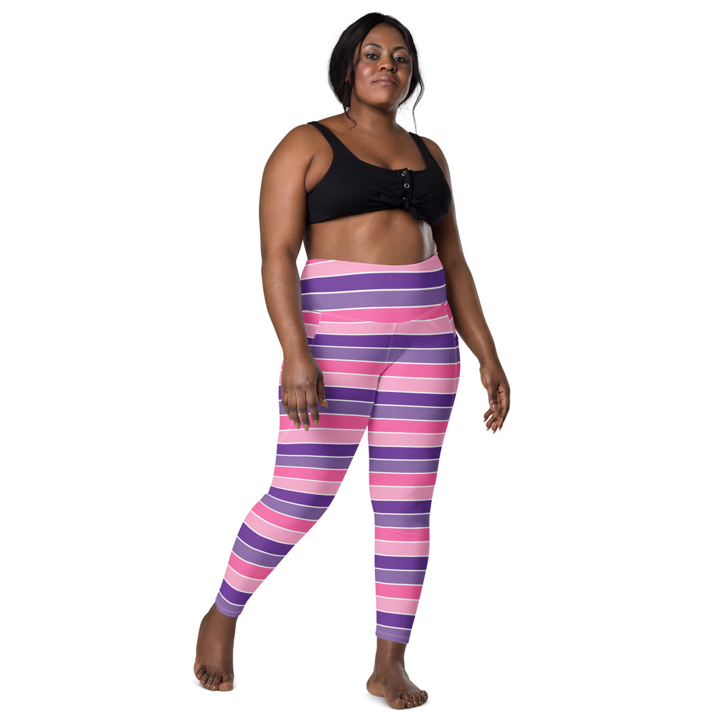 Women’s Pink & Purple Striped Yoga Leggings With Pockets – High-Waisted, Soft Compression Active Pants