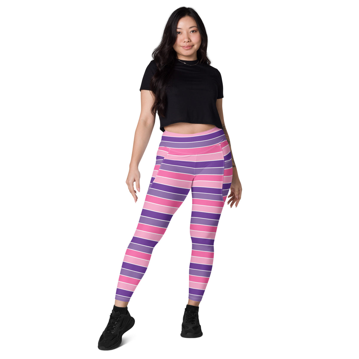 Women’s Pink & Purple Striped Yoga Leggings With Pockets – High-Waisted, Soft Compression Active Pants