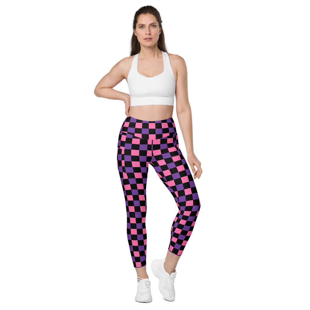 Women’s Pink & Purple Checkered Halloween Yoga Leggings With Pockets – High-Waisted, Soft Compression Active Pants