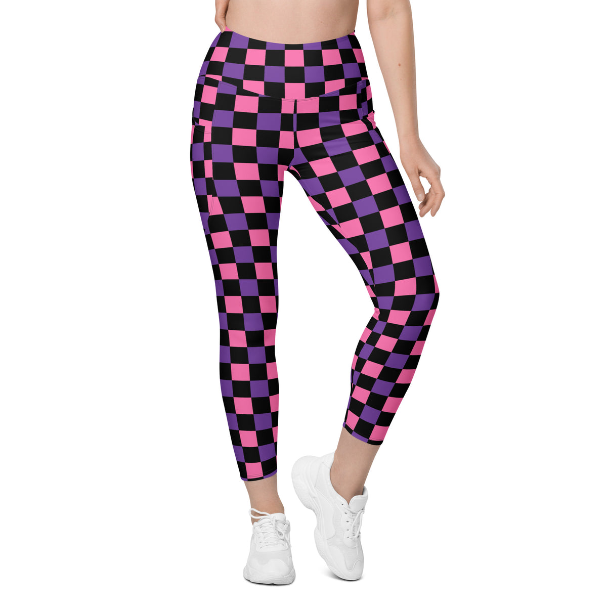 Women’s Pink & Purple Checkered Halloween Yoga Leggings With Pockets – High-Waisted, Soft Compression Active Pants