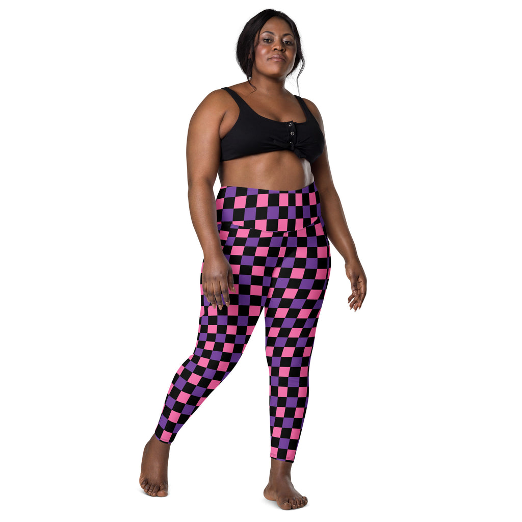 Women’s Pink & Purple Checkered Halloween Yoga Leggings With Pockets – High-Waisted, Soft Compression Active Pants