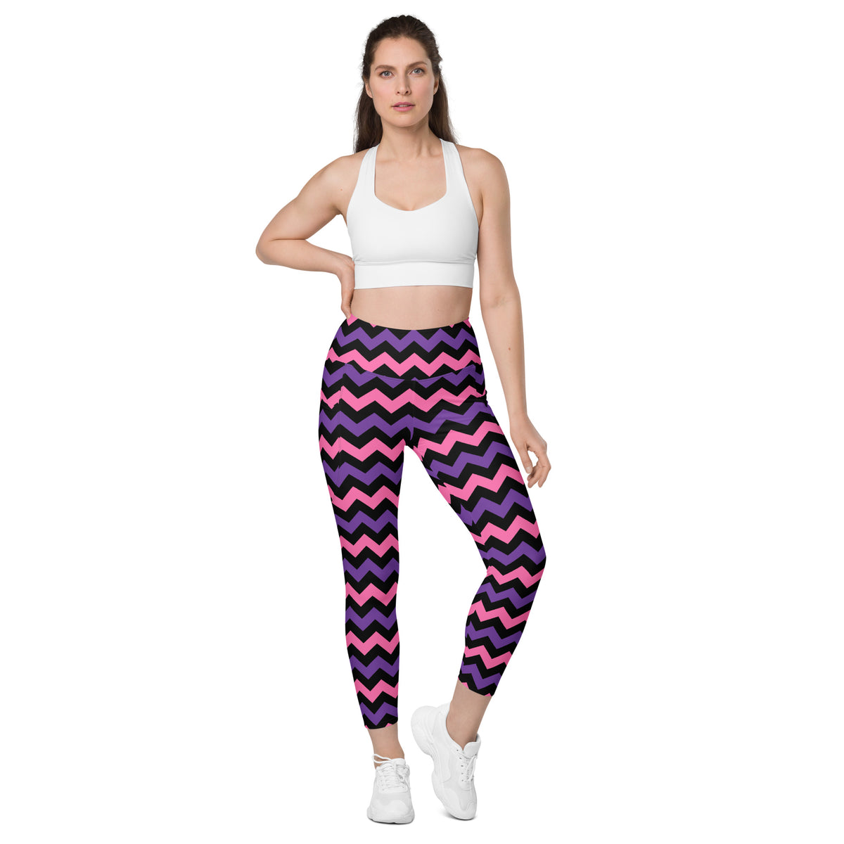 Women’s Pink & Purple Chevron Halloween Yoga Leggings With Pockets – High-Waisted, Soft Compression Active Pants