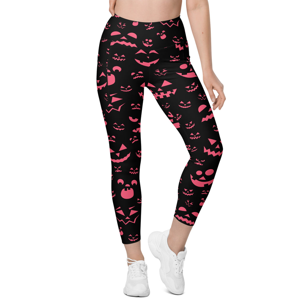 Women’s Pink Jack O’ Lantern Faces Halloween Yoga Leggings With Pockets – High-Waisted, Soft Compression Active Pants
