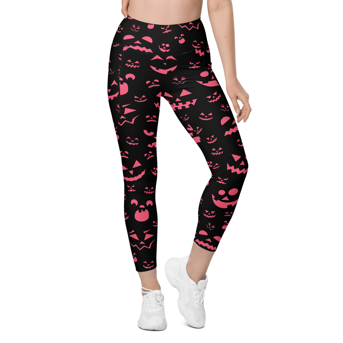 Women’s Pink Jack O’ Lantern Faces Halloween Yoga Leggings With Pockets – High-Waisted, Soft Compression Active Pants
