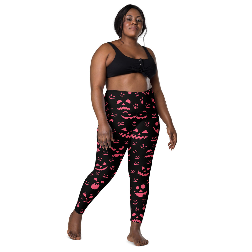 Women’s Pink Jack O’ Lantern Faces Halloween Yoga Leggings With Pockets – High-Waisted, Soft Compression Active Pants