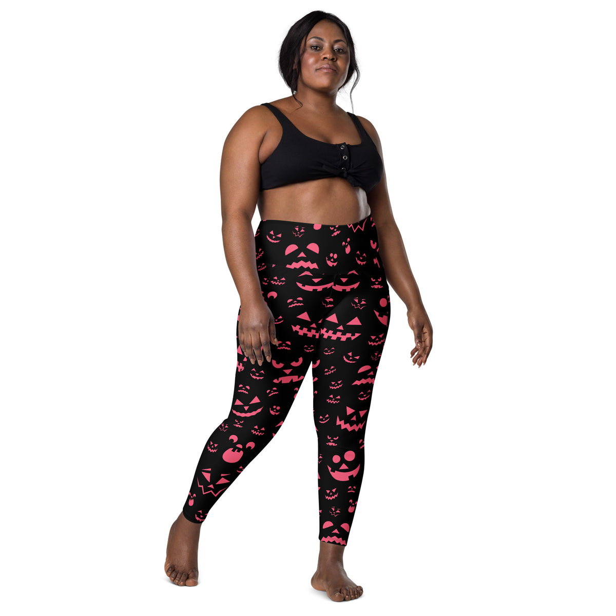 Women’s Pink Jack O’ Lantern Faces Halloween Yoga Leggings With Pockets – High-Waisted, Soft Compression Active Pants