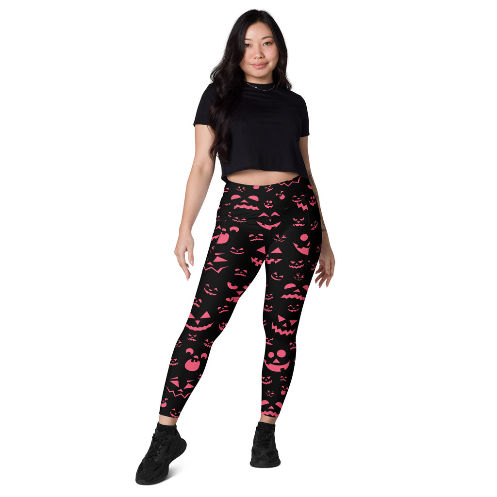 Women’s Pink Jack O’ Lantern Faces Halloween Yoga Leggings With Pockets – High-Waisted, Soft Compression Active Pants