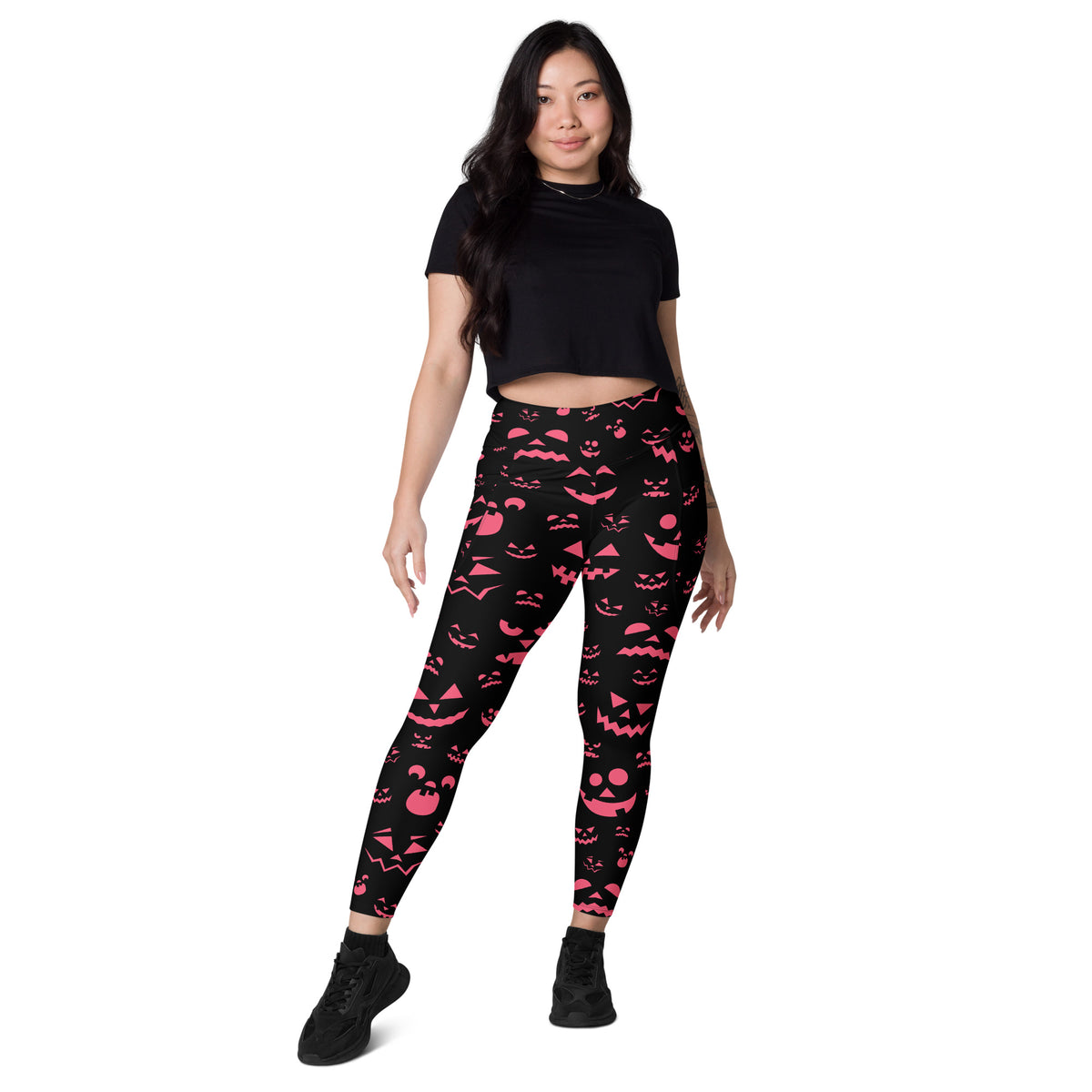 Women’s Pink Jack O’ Lantern Faces Halloween Yoga Leggings With Pockets – High-Waisted, Soft Compression Active Pants