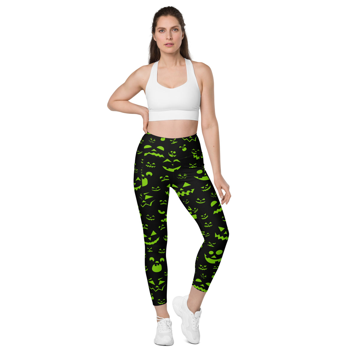 Women’s Green Jack O’ Lantern Faces Halloween Yoga Leggings With Pockets – High-Waisted, Soft Compression Active Pants