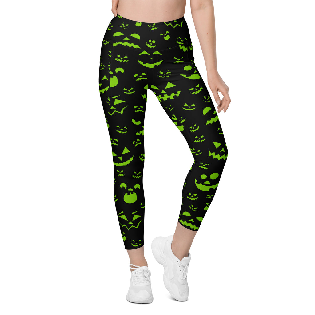 Women’s Green Jack O’ Lantern Faces Halloween Yoga Leggings With Pockets – High-Waisted, Soft Compression Active Pants