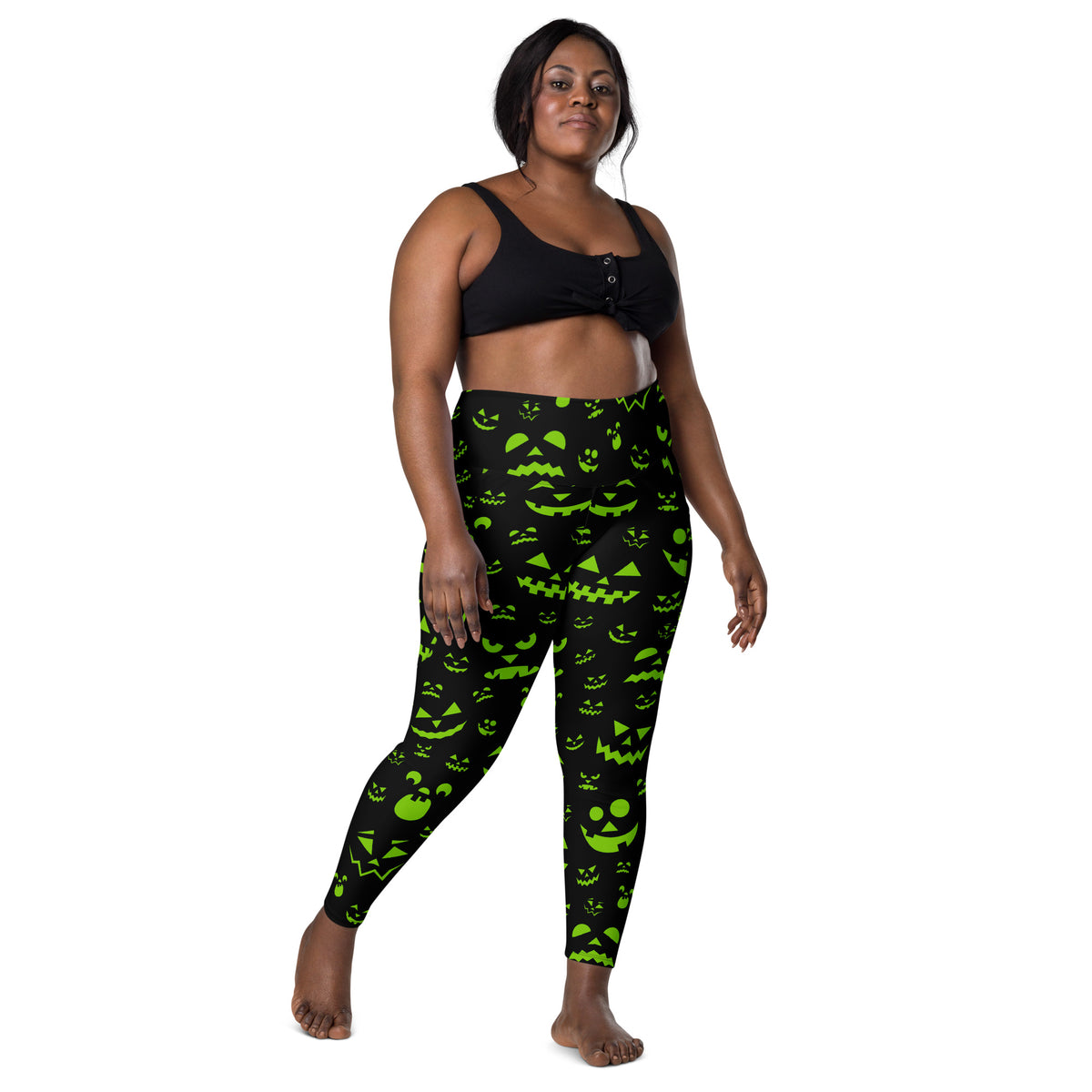 Women’s Green Jack O’ Lantern Faces Halloween Yoga Leggings With Pockets – High-Waisted, Soft Compression Active Pants