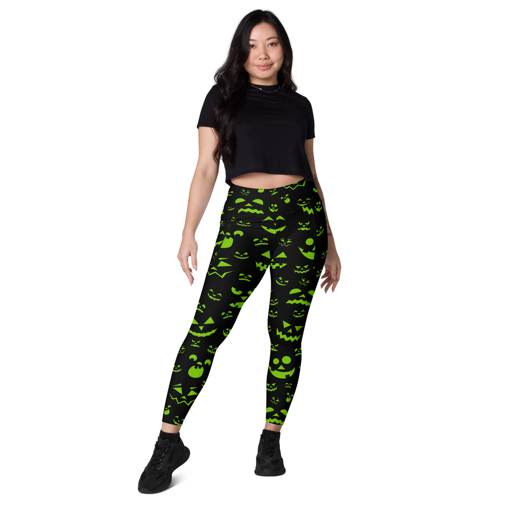 Women’s Green Jack O’ Lantern Faces Halloween Yoga Leggings With Pockets – High-Waisted, Soft Compression Active Pants