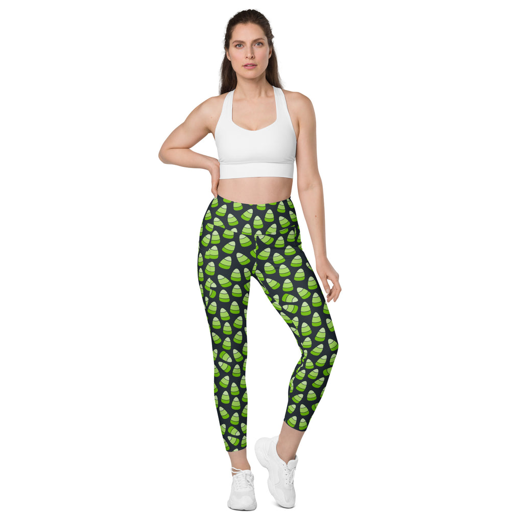 Women’s Green Candy Corn Halloween Yoga Leggings With Pockets – High-Waisted, Soft Compression Active Pants