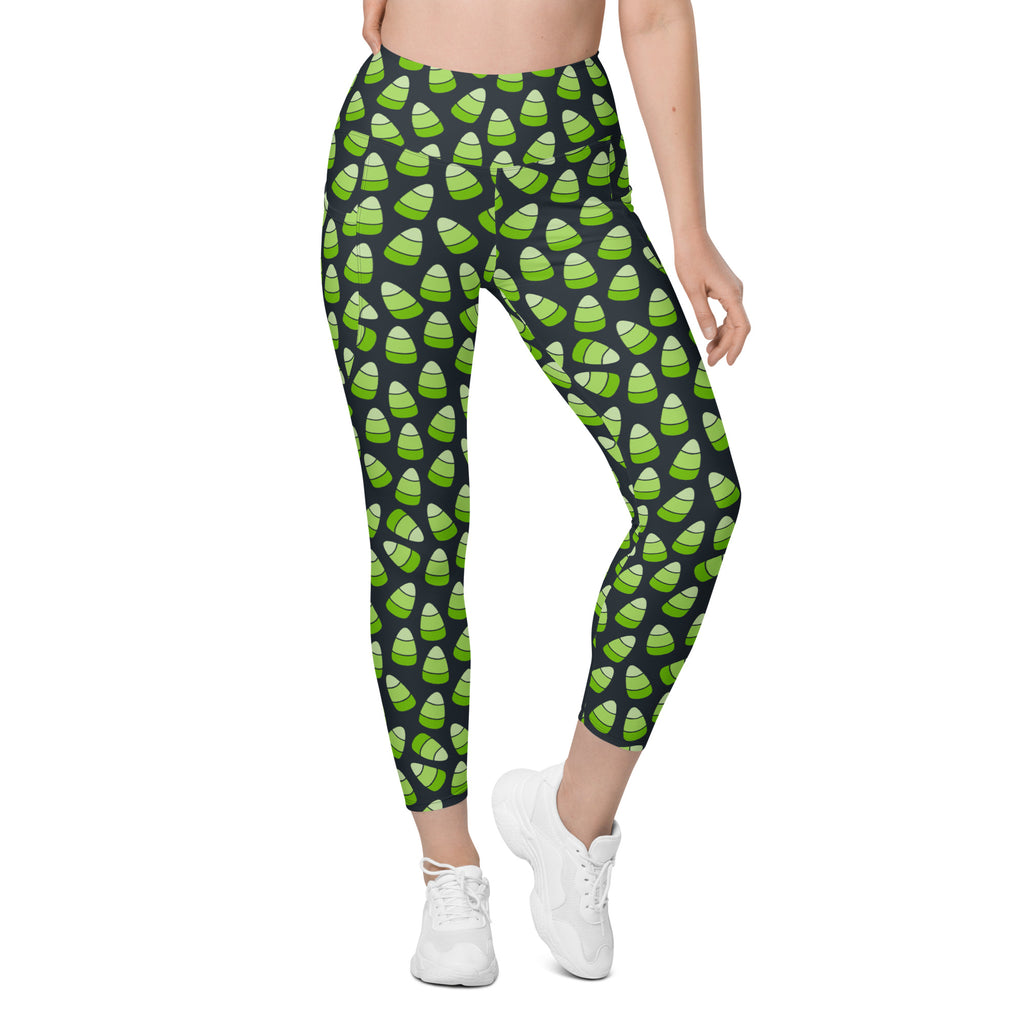 Women’s Green Candy Corn Halloween Yoga Leggings With Pockets – High-Waisted, Soft Compression Active Pants