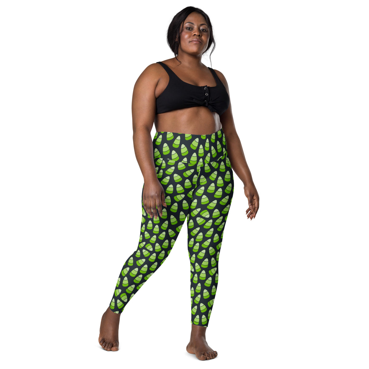 Women’s Green Candy Corn Halloween Yoga Leggings With Pockets – High-Waisted, Soft Compression Active Pants