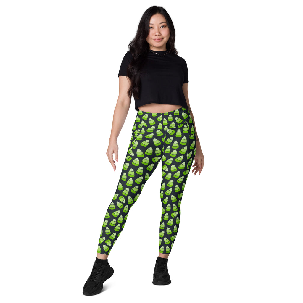 Women’s Green Candy Corn Halloween Yoga Leggings With Pockets – High-Waisted, Soft Compression Active Pants