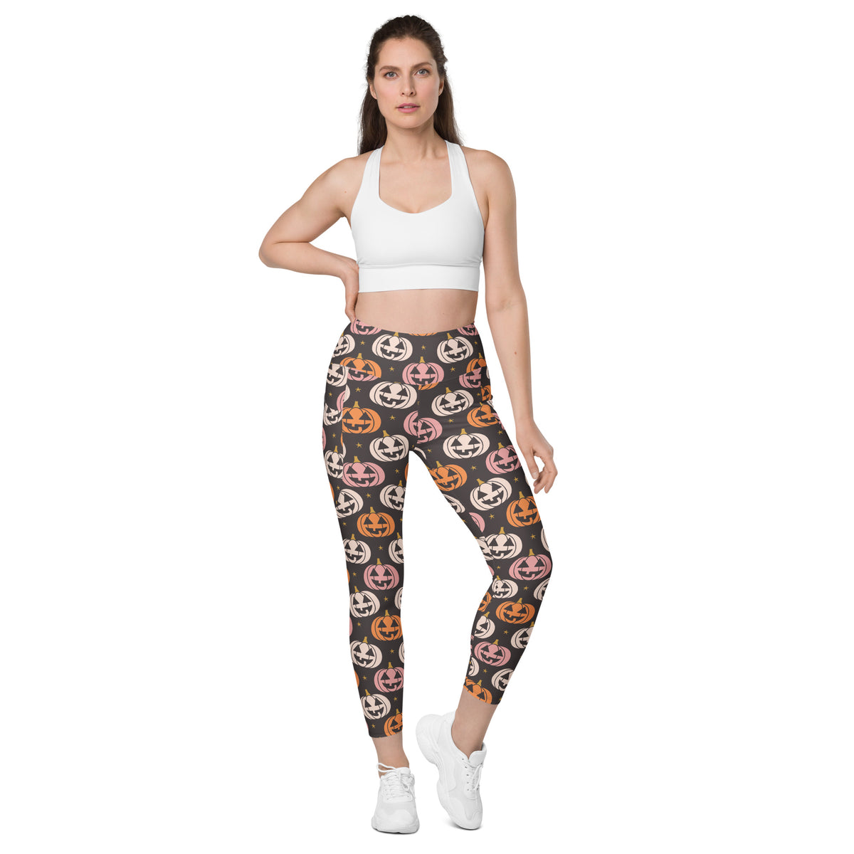 Women’s Jack-O’-Lantern Pumpkin Patch Halloween Yoga Leggings With Pockets – High-Waisted, Soft Compression Active Pants