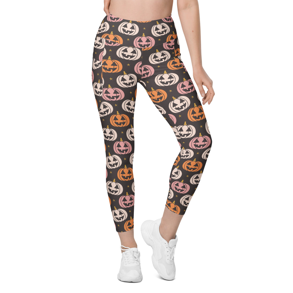 Women’s Jack-O’-Lantern Pumpkin Patch Halloween Yoga Leggings With Pockets – High-Waisted, Soft Compression Active Pants