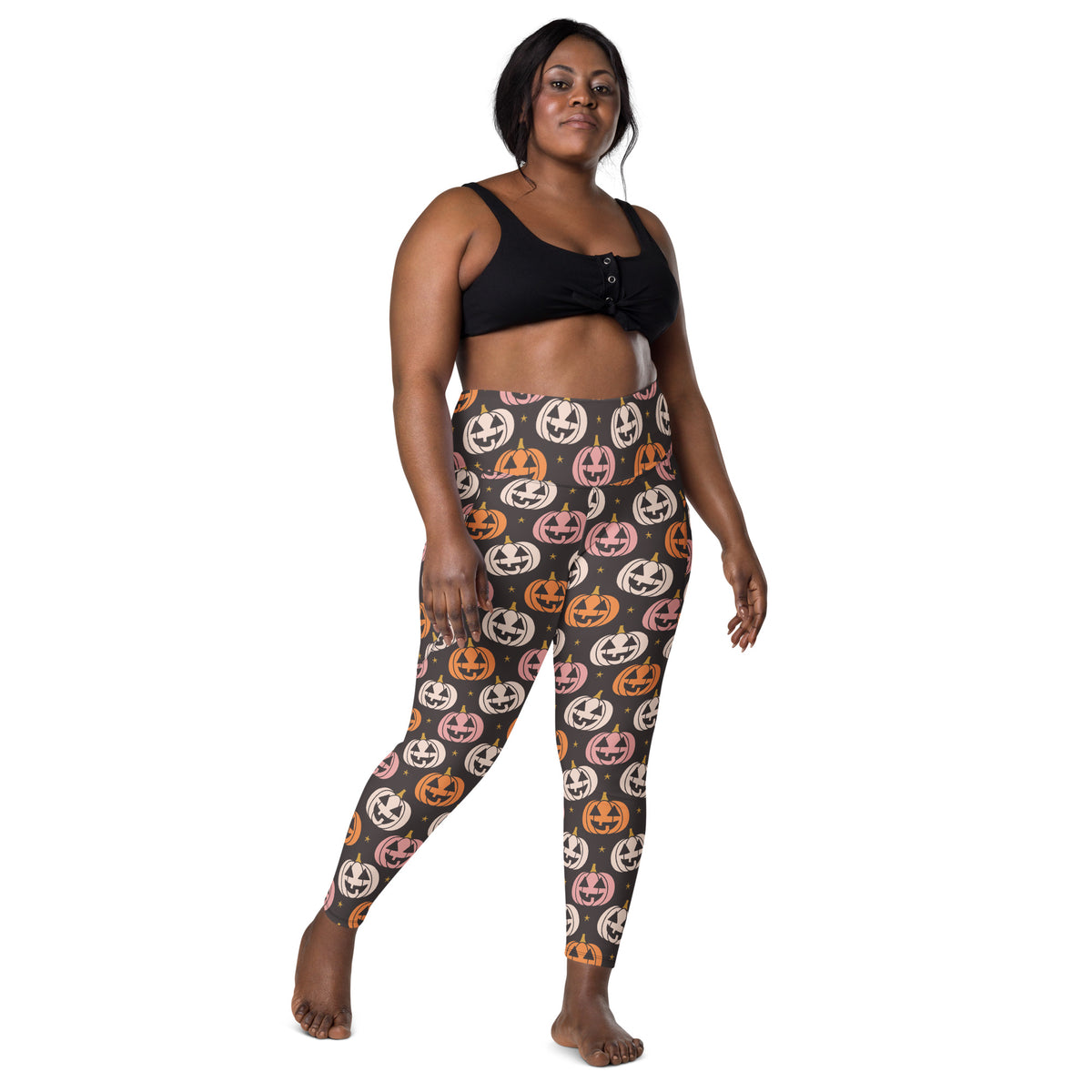 Women’s Jack-O’-Lantern Pumpkin Patch Halloween Yoga Leggings With Pockets – High-Waisted, Soft Compression Active Pants