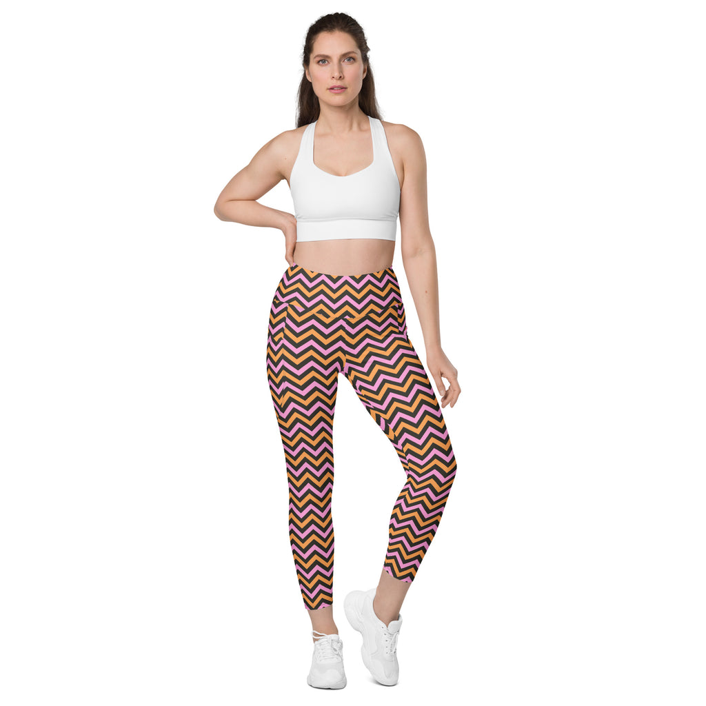 Women’s Pink & Orange Chevron Halloween Yoga Leggings With Pockets – High-Waisted, Soft Compression Active Pants