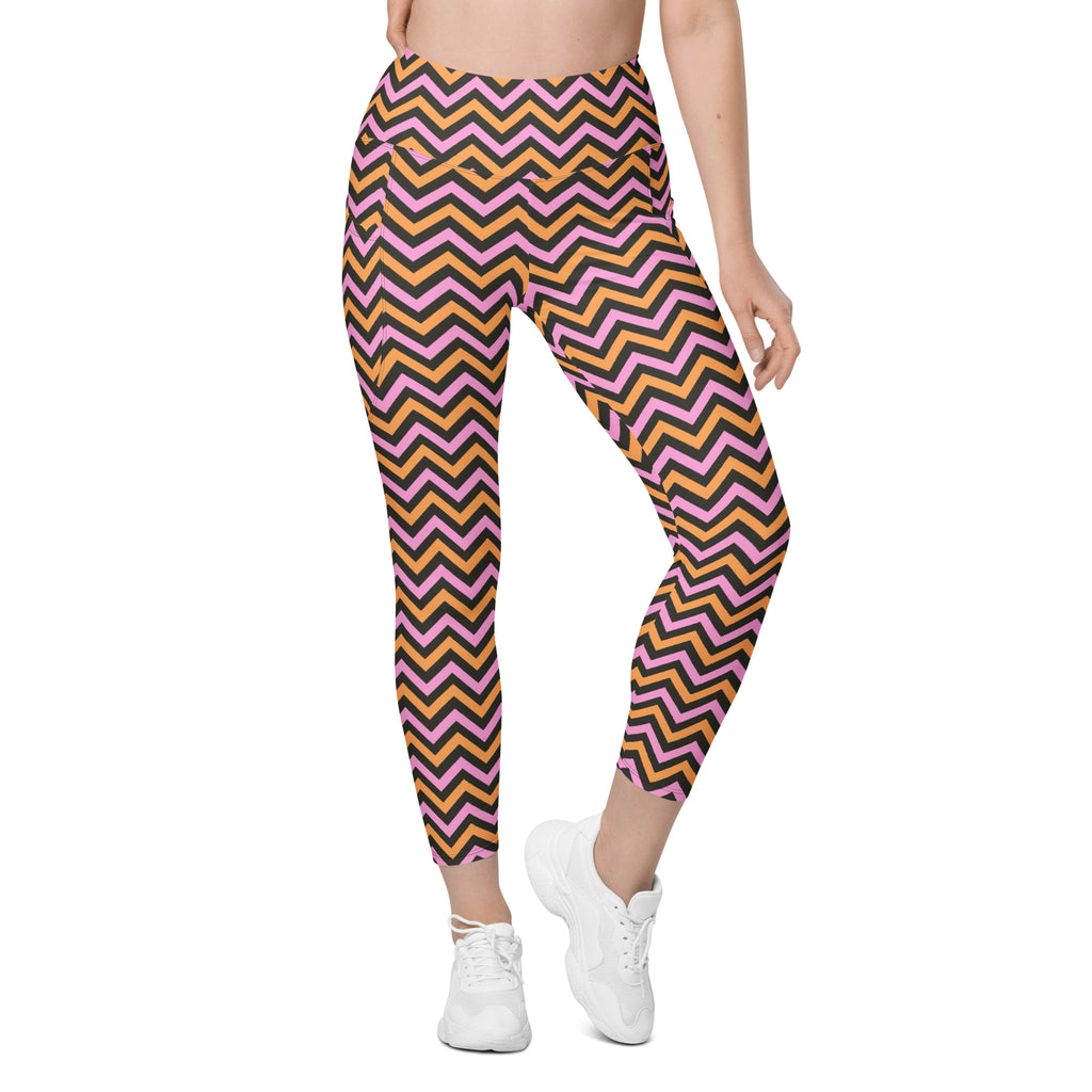 Women’s Pink & Orange Chevron Halloween Yoga Leggings With Pockets – High-Waisted, Soft Compression Active Pants