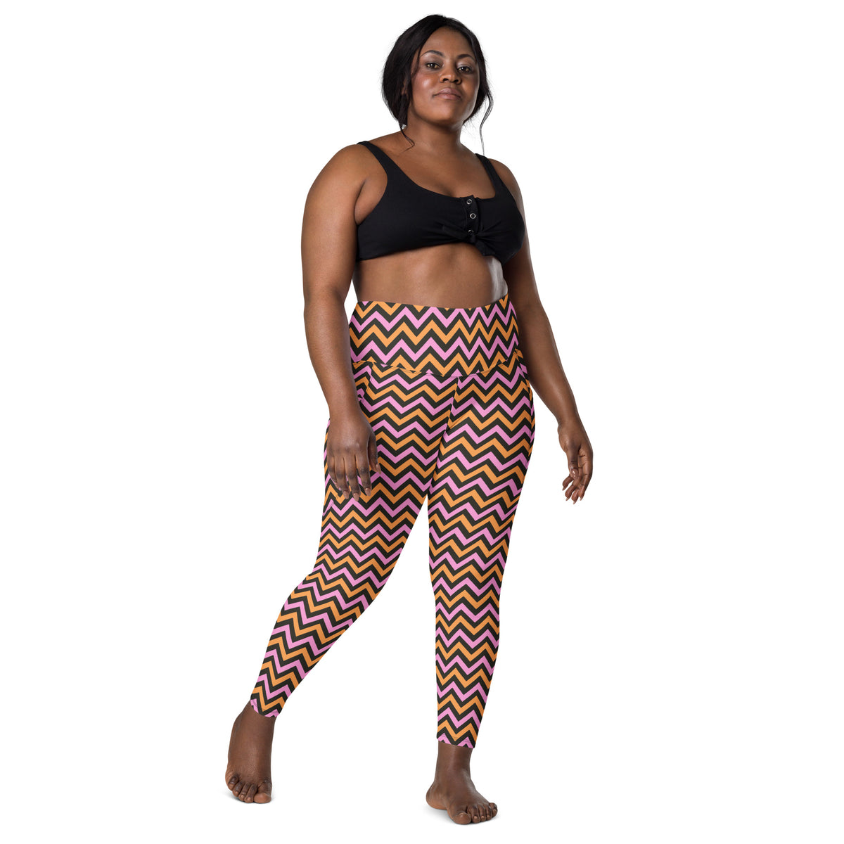 Women’s Pink & Orange Chevron Halloween Yoga Leggings With Pockets – High-Waisted, Soft Compression Active Pants