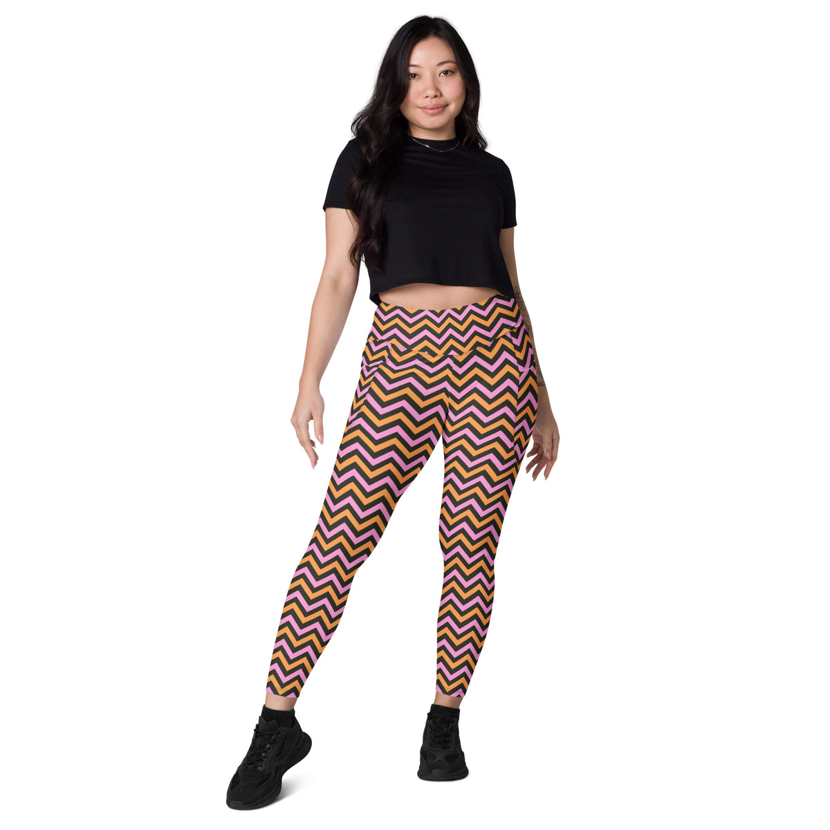 Women’s Pink & Orange Chevron Halloween Yoga Leggings With Pockets – High-Waisted, Soft Compression Active Pants
