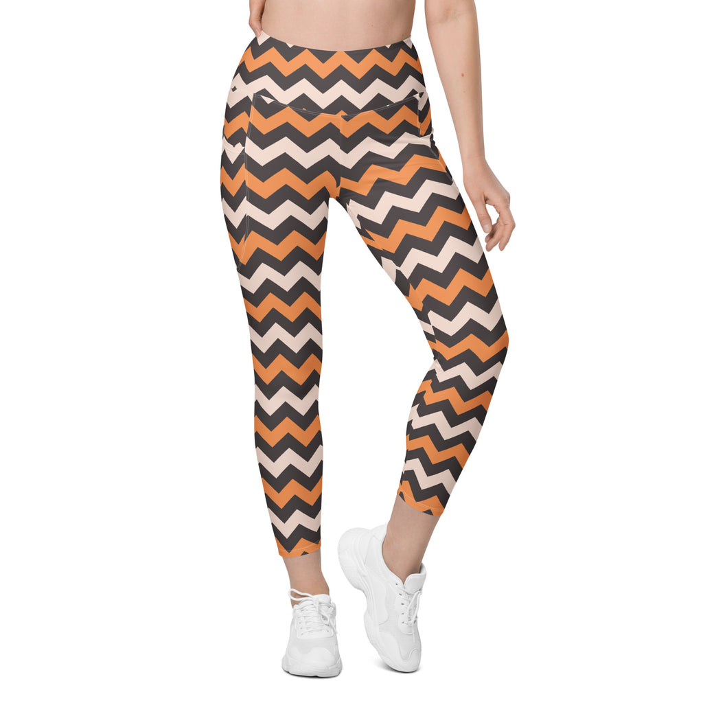 Women’s Orange & Beige Chevron Halloween Yoga Leggings With Pockets – High-Waisted, Soft Compression Active Pants