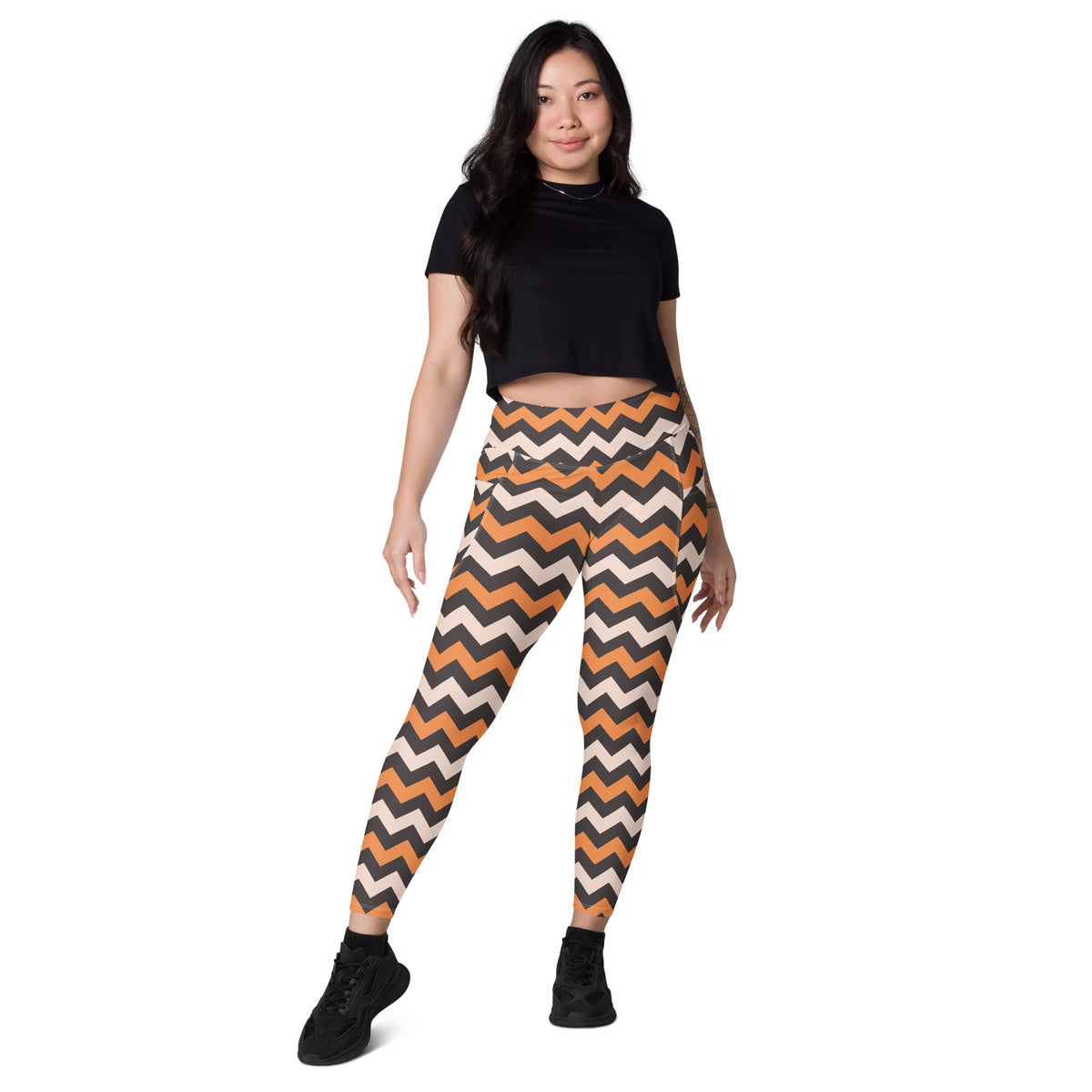 Women’s Orange & Beige Chevron Halloween Yoga Leggings With Pockets – High-Waisted, Soft Compression Active Pants