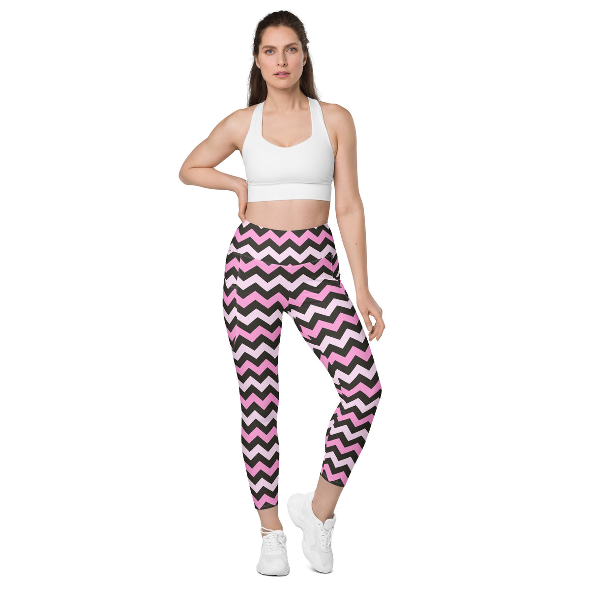 Women’s Pink Chevron Halloween Yoga Leggings With Pockets – High-Waisted, Soft Compression Active Pants