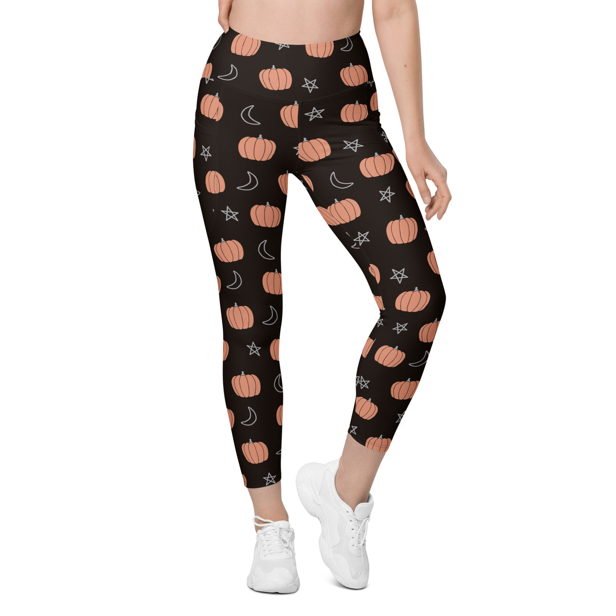 Women’s Pumpkin Moon Halloween Yoga Leggings With Pockets – High-Waisted, Soft Compression Active Pants