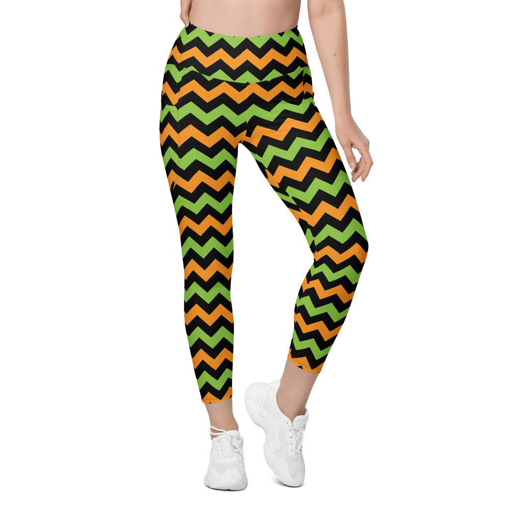 Women’s Orange & Green Chevron Halloween Yoga Leggings With Pockets – High-Waisted, Soft Compression Active Pants