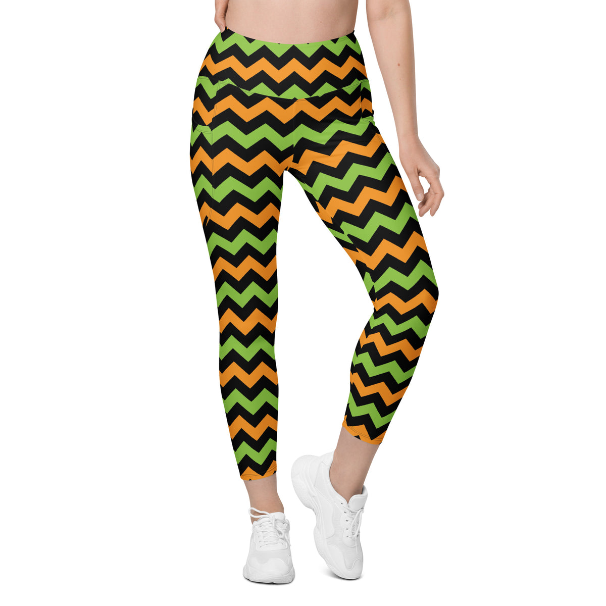 Women’s Orange & Green Chevron Halloween Yoga Leggings With Pockets – High-Waisted, Soft Compression Active Pants