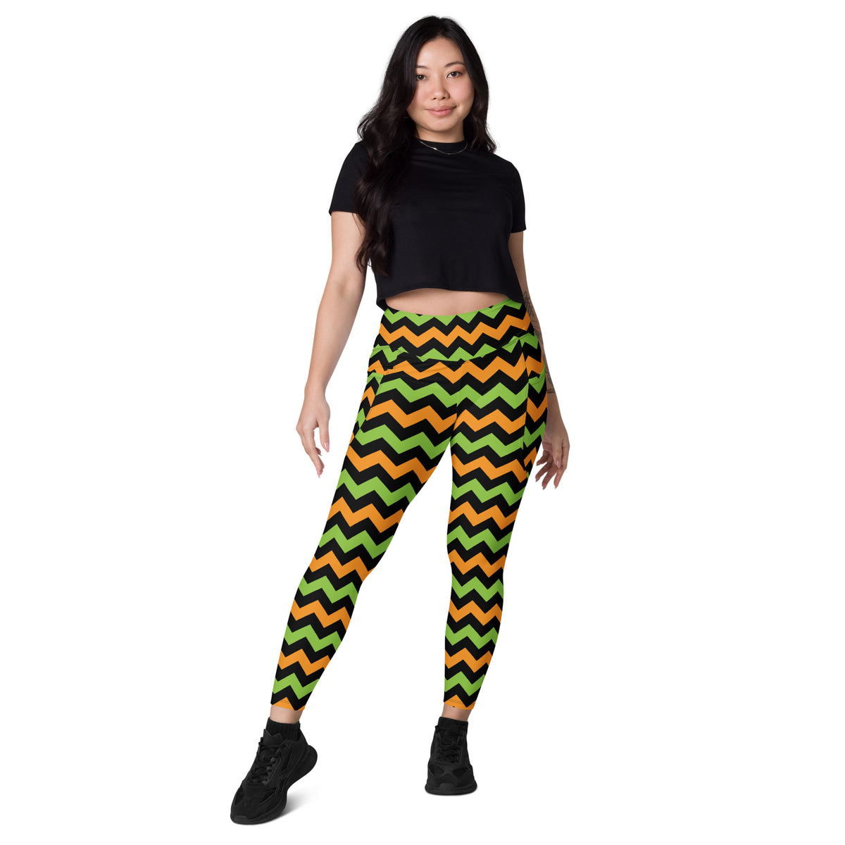 Women’s Orange & Green Chevron Halloween Yoga Leggings With Pockets – High-Waisted, Soft Compression Active Pants