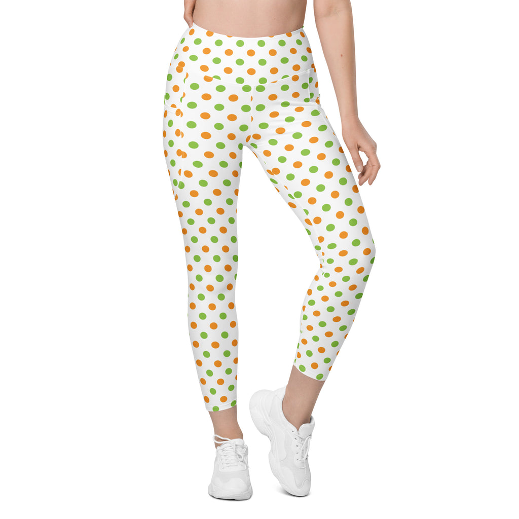 Women’s Orange & Green Polka Dot Halloween Yoga Leggings With Pockets – High-Waisted, Soft Compression Active Pants