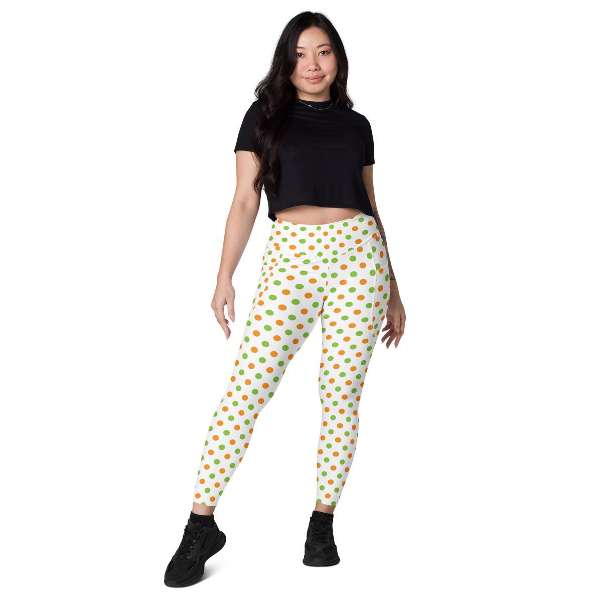 Women’s Orange & Green Polka Dot Halloween Yoga Leggings With Pockets – High-Waisted, Soft Compression Active Pants