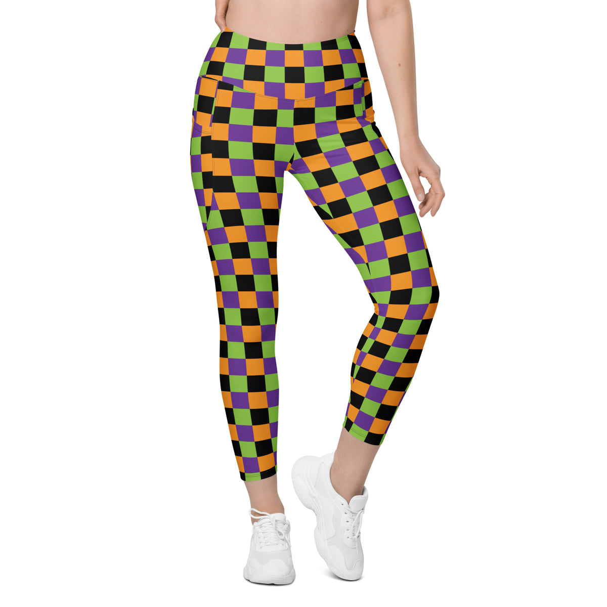 Women’s Colorful Checkered Halloween Yoga Leggings With Pockets – High-Waisted, Soft Compression Active Pants