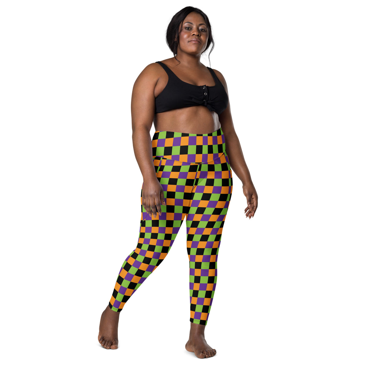 Women’s Colorful Checkered Halloween Yoga Leggings With Pockets – High-Waisted, Soft Compression Active Pants