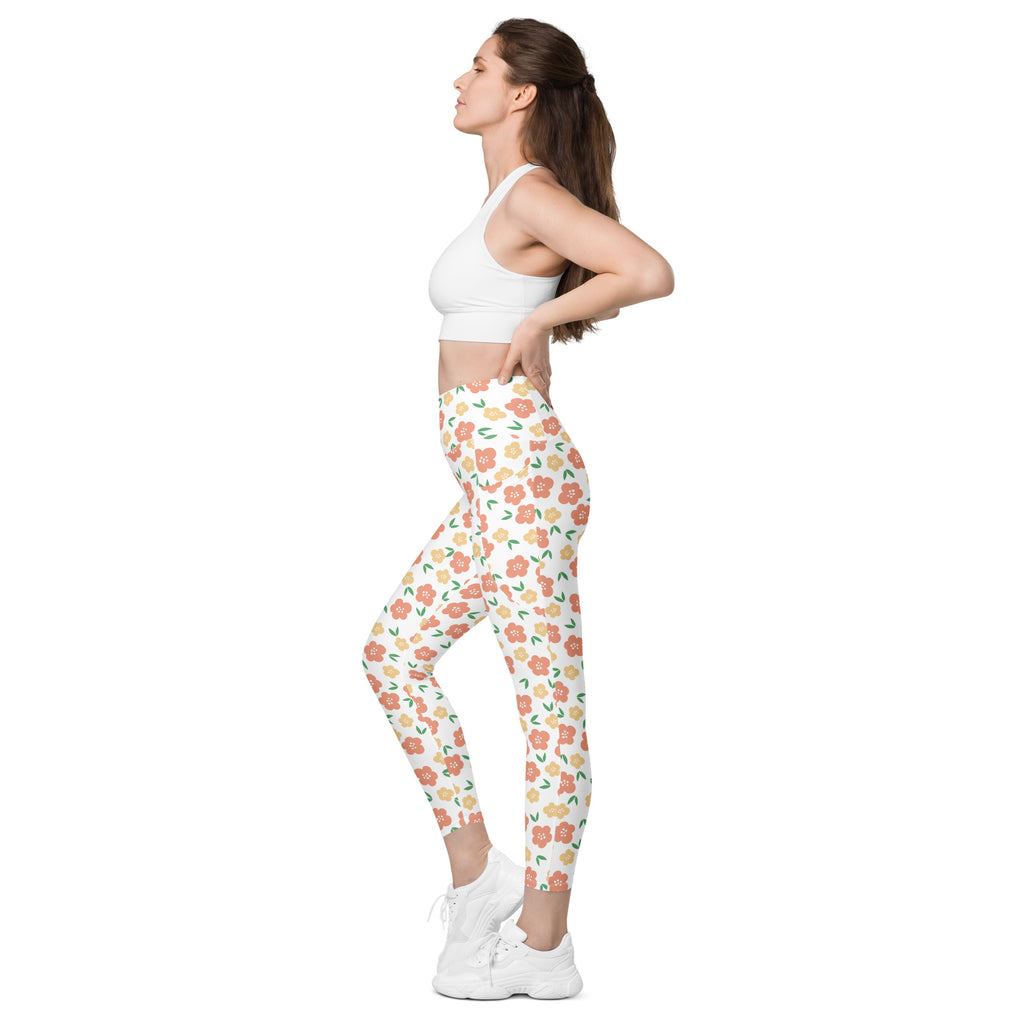 Women’s Orange Floral Yoga Leggings With Pockets – High-Waisted, Soft Compression Active Pants