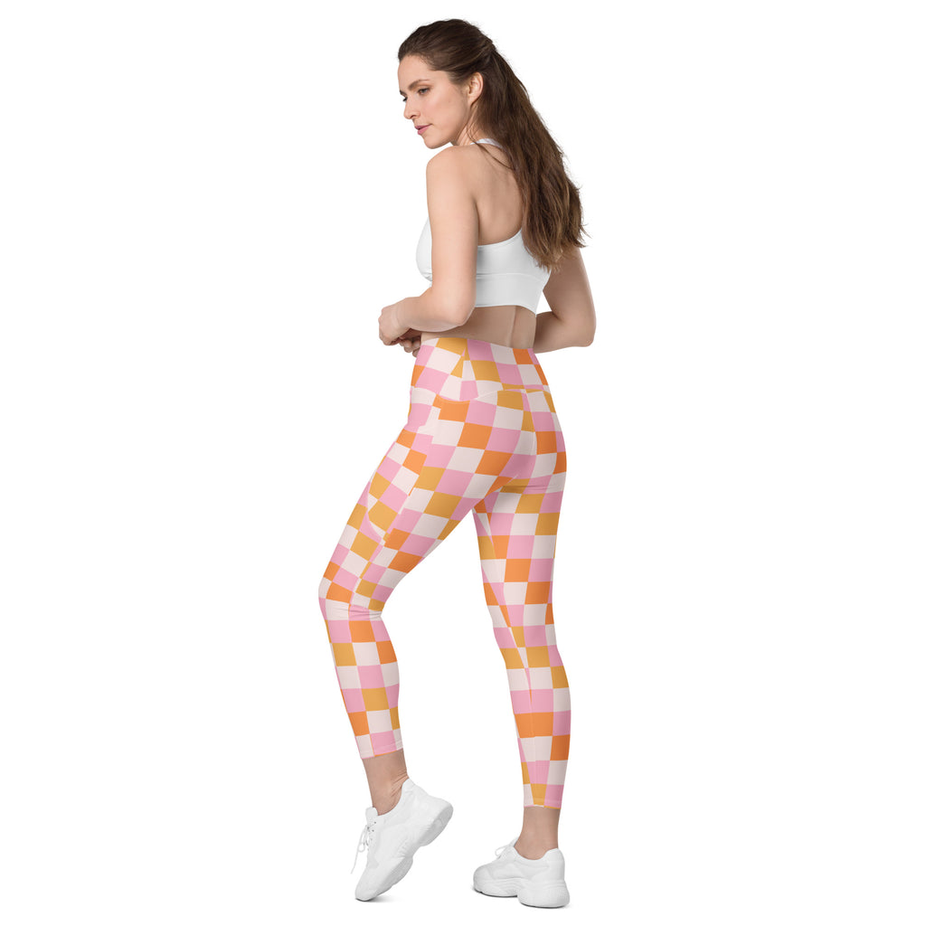 Women’s Pink & Orange Checkered Yoga Leggings With Pockets – High-Waisted, Soft Compression Active Pants