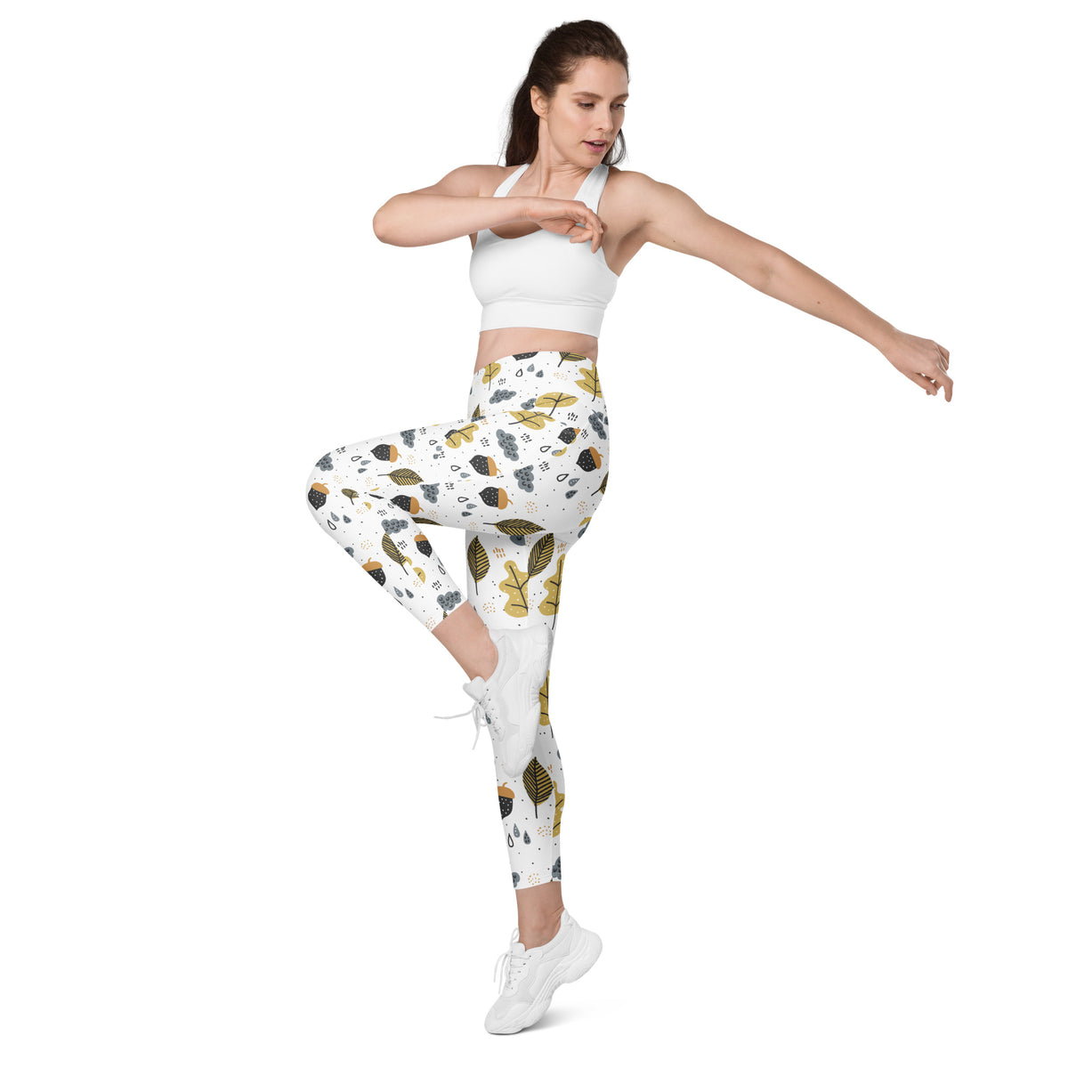 Women’s Fall Leaves & Acorn Yoga Leggings With Pockets – High-Waisted, Soft Compression Active Pants