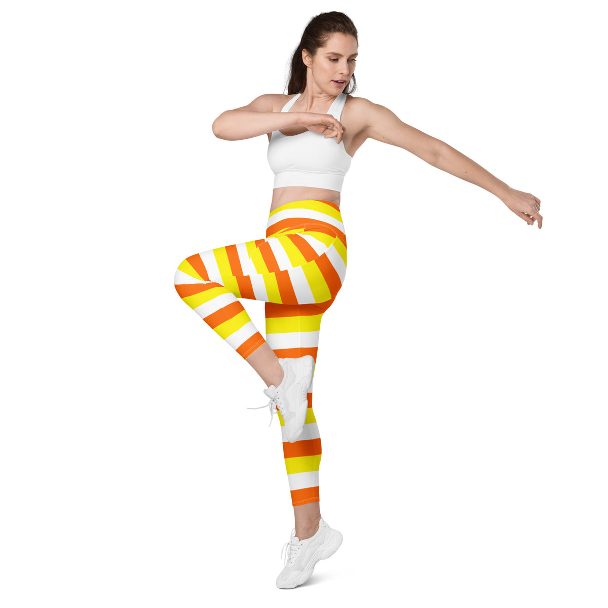 Women’s Candy Corn Stripes Yoga Leggings With Pockets – High-Waisted, Soft Compression Active Pants