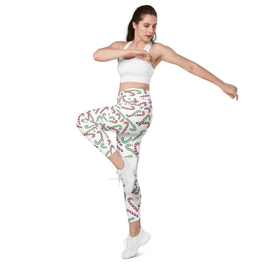 Women’s Red & Green Candy Cane Christmas Yoga Leggings With Pockets – High-Waisted, Soft Compression Active Pants