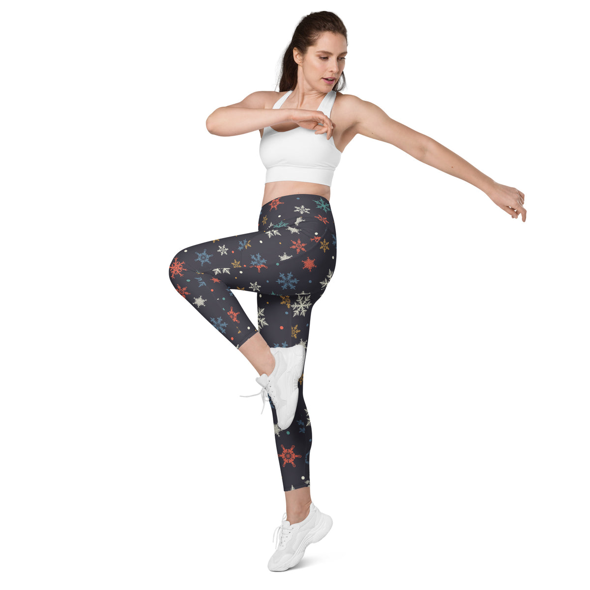 Women’s Colorful Snowflake Christmas Yoga Leggings With Pockets – High-Waisted, Soft Compression Active Pants