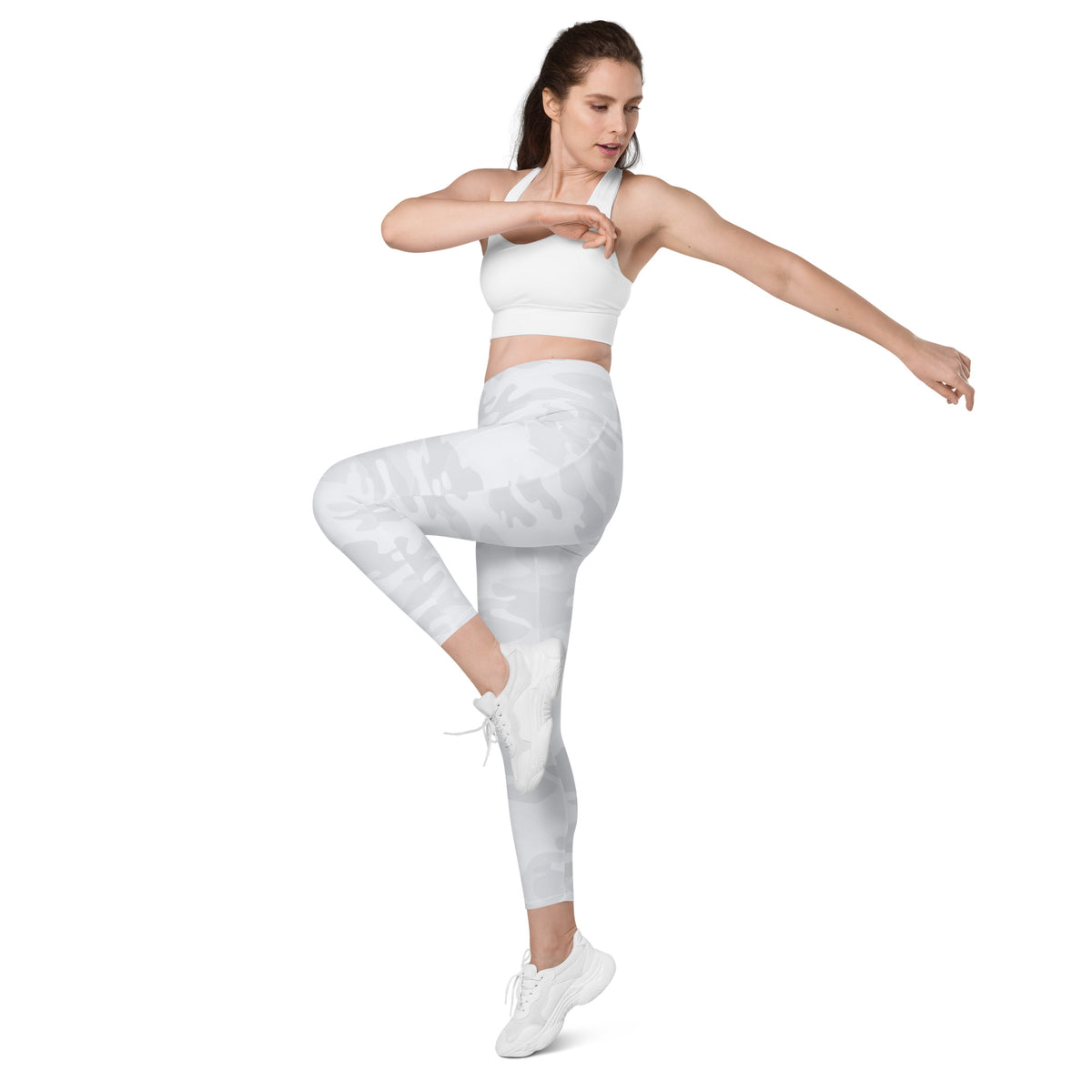 Women’s White Camouflage Yoga Leggings With Pockets – High-Waisted, Soft Compression Active Pants