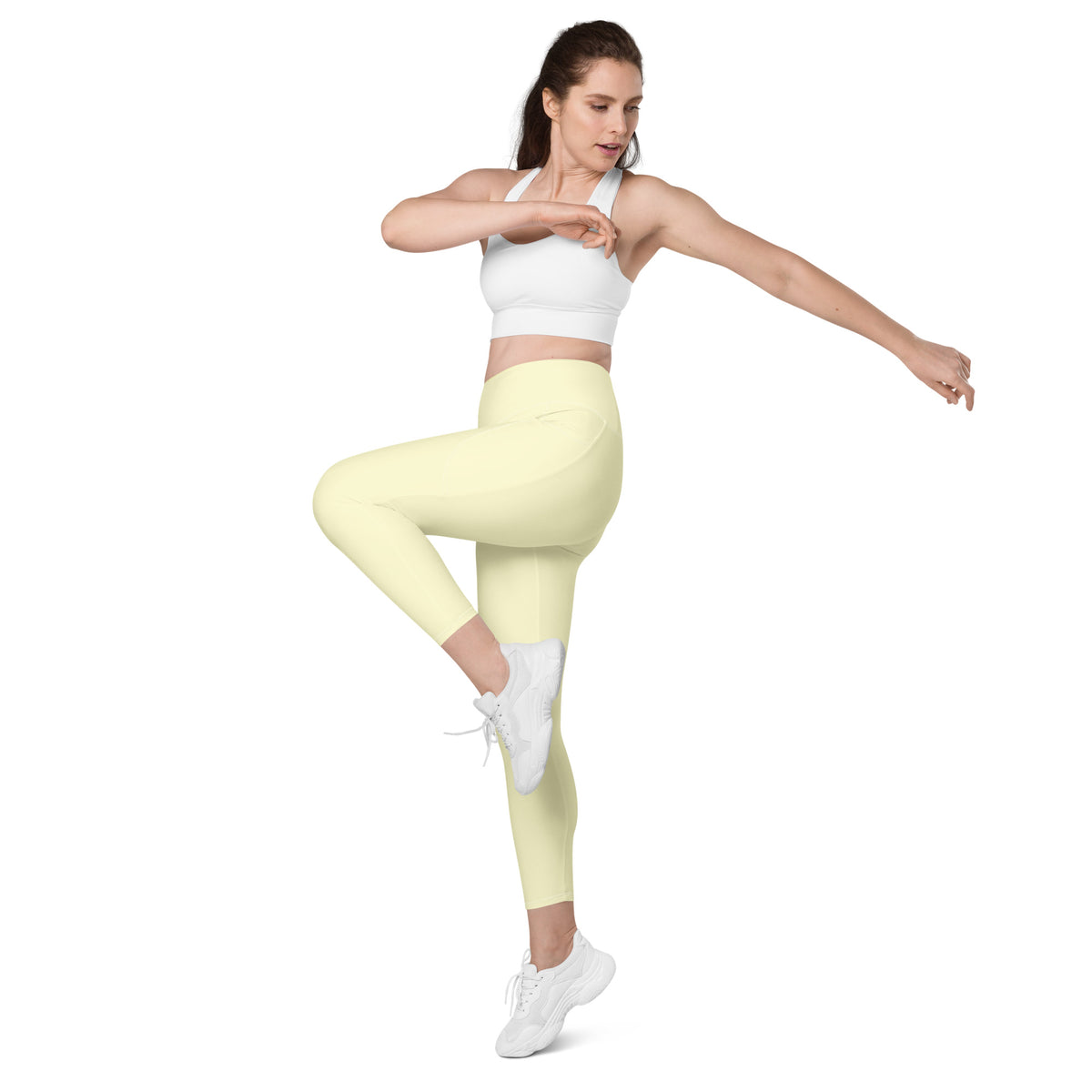 Women’s Cream Yellow Yoga Leggings With Pockets – High-Waisted, Soft Compression Active Pants