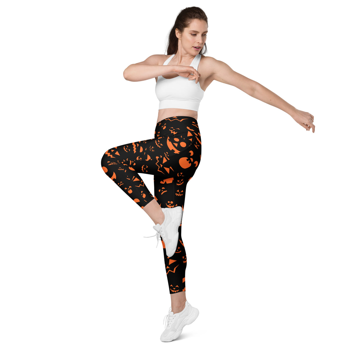 Women’s Orange Jack O’ Lantern Faces Halloween Yoga Leggings With Pockets – High-Waisted, Soft Compression Active Pants