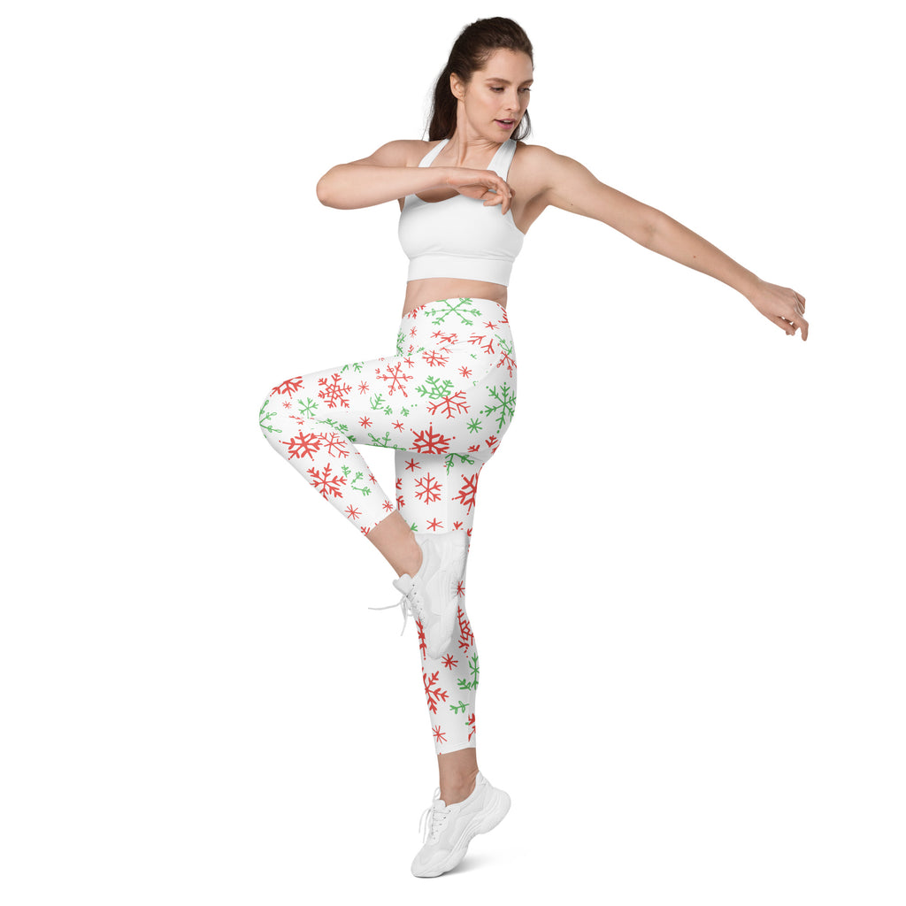 Women’s Red & Green Snowflake Christmas Yoga Leggings With Pockets – High-Waisted, Soft Compression Active Pants
